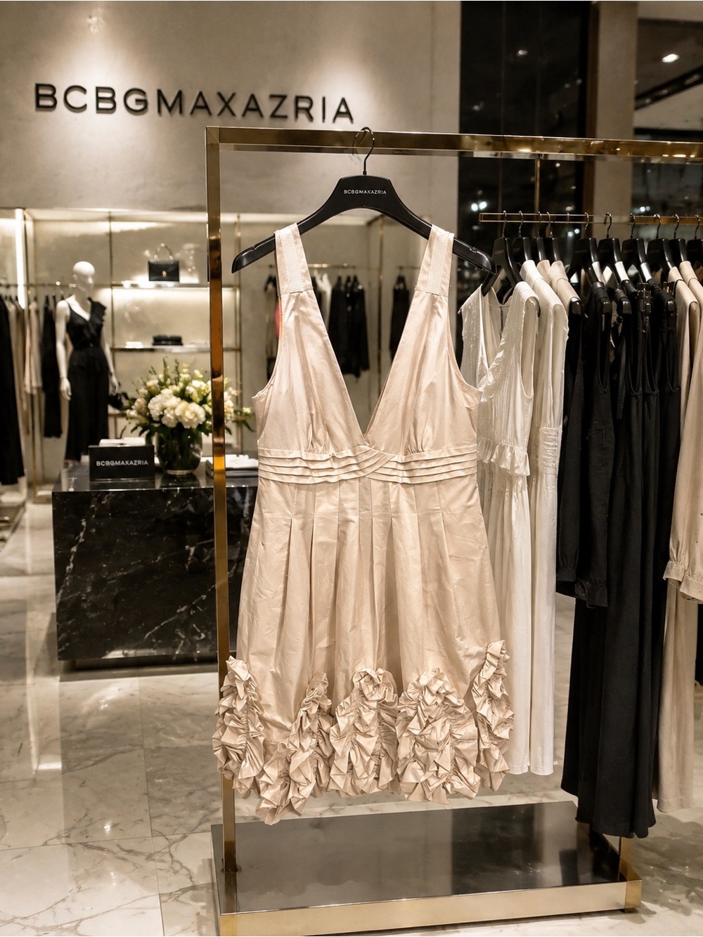 BCBGMaxAzria Light Blush V-Neck Ruffled Hem Cocktail Dress